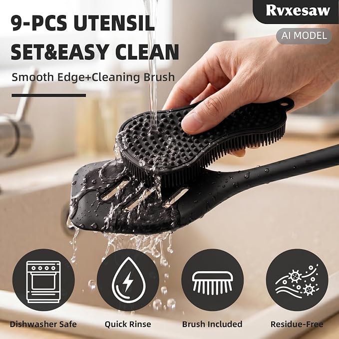Kitchen Utensils Set,9 PCS Silicone Cooking Utensils Set Spatula Set,Non Toxic Cooking Utensils,Tongs,Spoon,Whisk,Brush,BPA Free Kitchen Gadgets for Non-Stick Cookware,Home Essential(Black-9P)
