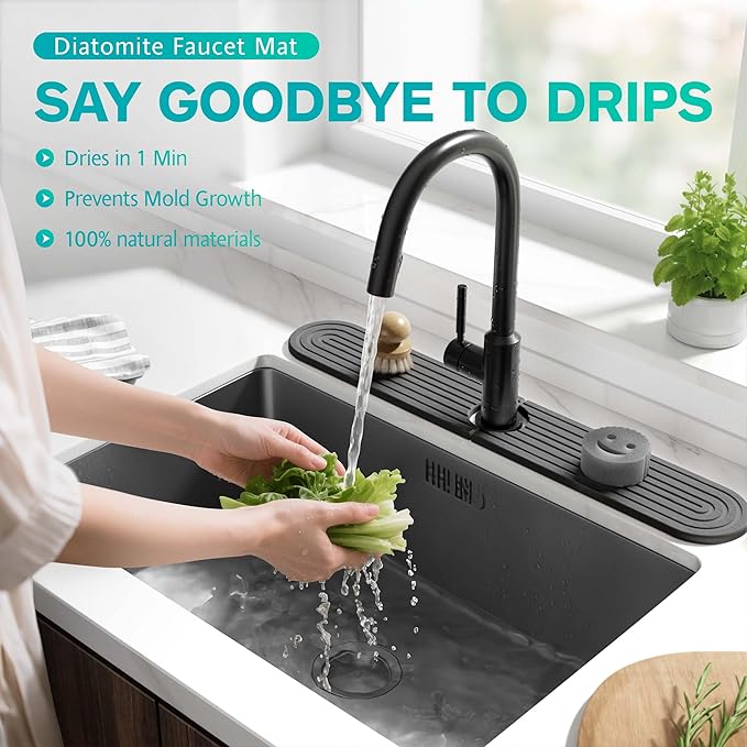 Stone Faucet Mat for Kitchen Sink – Diatomite Fast-Drying Stone Tray, Faucet Mat Sink Splash Guard, Decorative Sink Protector for Kitchen Bathroom Counter [Dark Gray, 23.6''x3.9'']