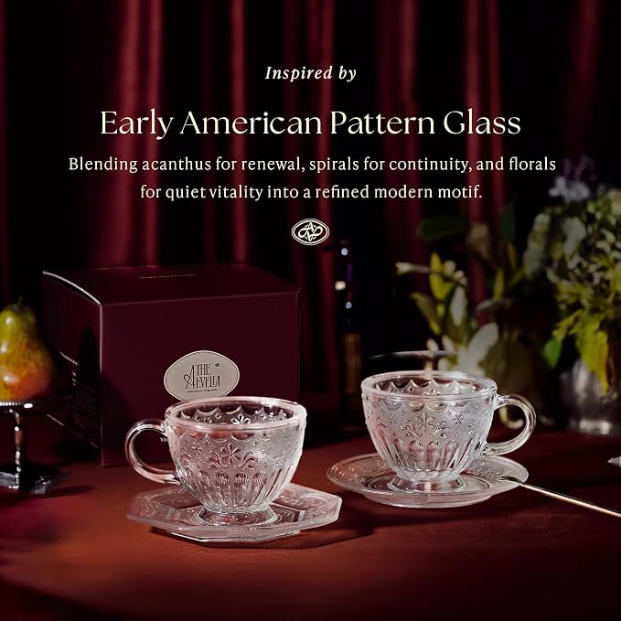 Handcrafted Vintage Glass Coffee Cup and Saucer Set, 12 oz Large Tea Cup with Round Saucer for Coffee, Latte & Tea, Gift for Women, Microwave & Dishwasher Safe, Classic Frosted White