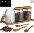 3 Pack 24 oz Glass Coffee Container with Wooden Tray Lid Spoon Labels Clear Airtight Glass Jar Food Storage Kitchen Canisters Set Decorative Coffee Bar Containers for Sugar Candy Tea Flour