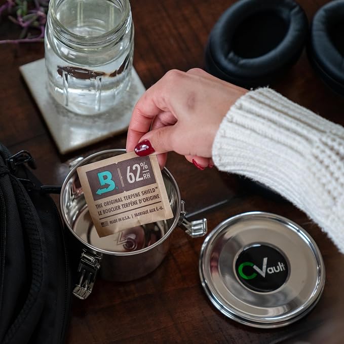 CVAULT Medium 1 oz Storage Container | Air Tight & Light Resistant | Food Grade Stainless Steel | Includes 62% RH 8-gram Pack