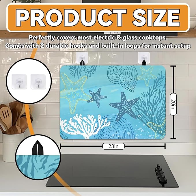 Decorative Stove Top Covers for Electric Stove 28"x20" – Heat Resistant Glass Cooktop Protector Dish Drying Mat – Non-Slip Rubber Backing Washer Top Cover Waterproof Extra Counter Space (Ocean 1)