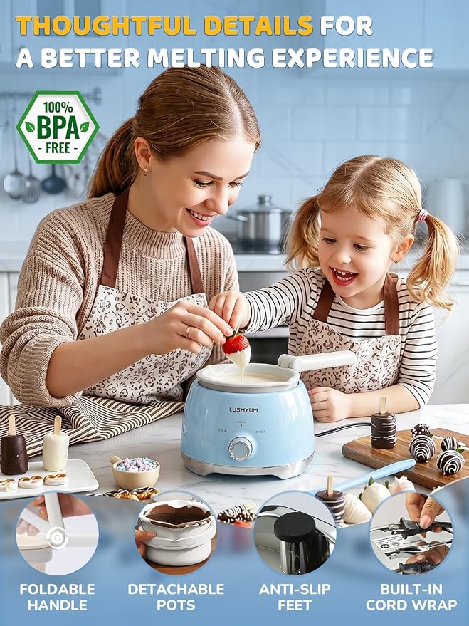 LUSHYUM Electric Chocolate Melting Pot with 2 Insert Pots, 4-Cup Chocolate | Even Heating & Fast Melting, BPA-Free Silicone, Easy Clean, Less Waste, Ideal for Chocolate & Candy Melts, Parties, Fondue