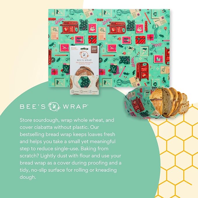 Bee's Wrap Beeswax Wraps for Bread - Beeswax Bread Wrap for Sourdough & Bread Storage - Plastic Free Made in USA Reusable Natural Food Wrap - Seasons Greetings