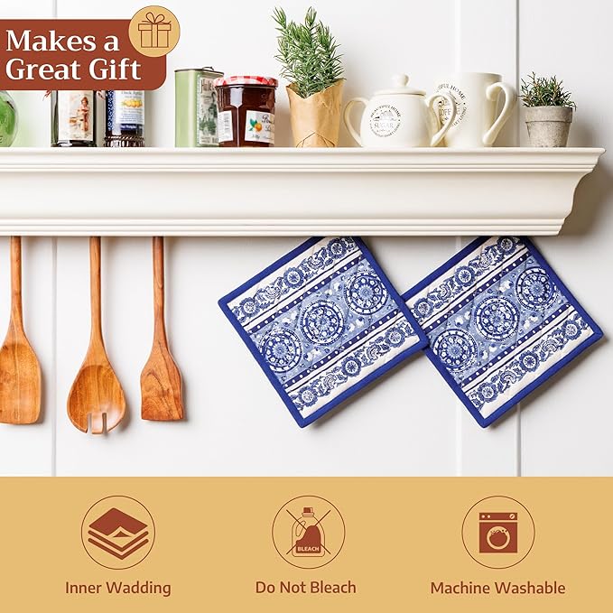 Maison d' Hermine Pot Holders 100% Cotton Heat Resistant Potholders 8" x 8" Hot Pads with Loop BBQ Cooking Baking Gifts for Mothers Day Handling Hot Pans Spring/Summer (Pack of 2, Melodie Bleue)