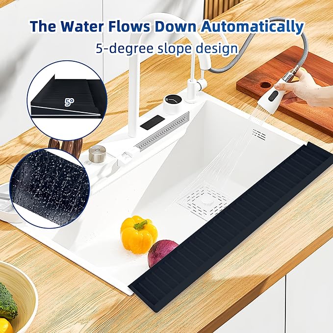 Sink Edge Protectors for Kitchen Single and Double Sink,Kitchen Sinks Splash Guard Can be Cut and Diy,Silicone Edge Protector Sinks With 5° Tilt (BLACK, 24IN)