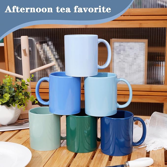 Multi-Coloured Ceramic Mugs Set of 6-11.2 oz / 330ml -Coffee Mugs-Cappuccino-Tea Cups- Hot Chocolate Cups (Cool Color, Large)