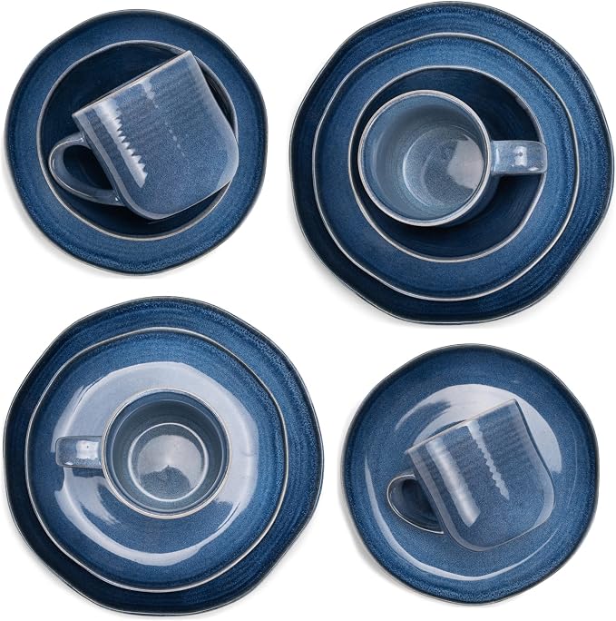 Elanze Designs Reactive Glaze Farmhouse Rustic Boho Ceramic Stoneware Dinnerware 16 Piece Plate Bowl Mug Dish Set - Service for 4, Cobalt Blue