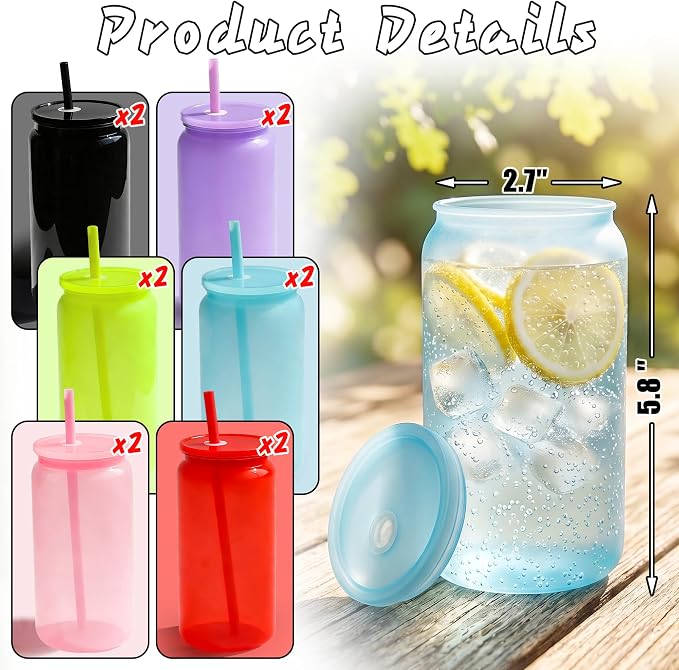 12 Pack Plastic Cups Reusable with Lids and Straws, 16 oz Acrylic Mason Jars Iced Coffee Cups Unbreakable Drinking Glasses for Poolside, Party Giveaways, Park Picnic, Jelly Color