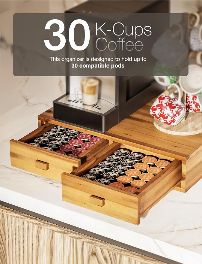 Tinamo Acacia Wood Coffee Pod Storage Box, 30 Pod Capacity, Coffee Pods and Tea Organizer Holder, K Pod Drawer Coffee Maker Machine Stand, for K-Cup Drawer Organizer Under Brewer (Acacia, 2 drawer)