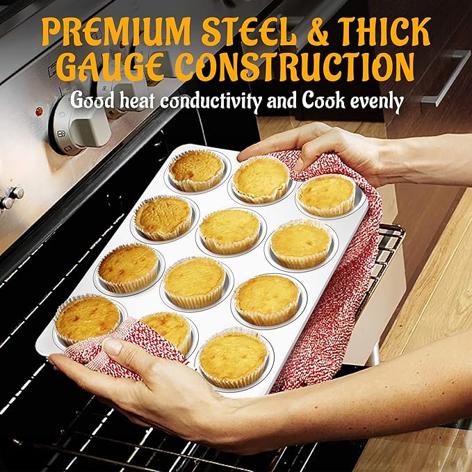 E-far 12-Cup Muffin Pan Set of 3, Stainless Steel Cupcake Pan Tins, Non-Toxic Metal Cupcake Tray for Baking Small Muffin Cakes, Heavy Duty & Regular Size, Rust Free & Dishwasher Safe