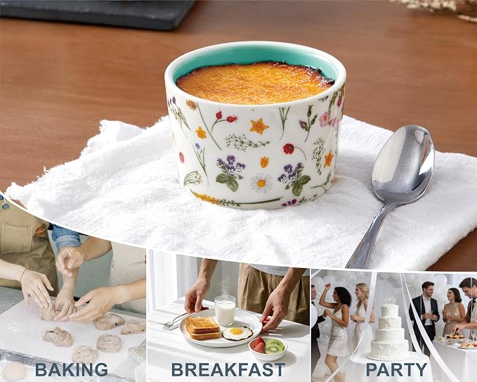 ONEMORE 6 oz Ramekins Oven Safe, Floral Ceramic Ramekin Set of 6 Mint Green Ramekins for Baking & Serving, Creme Brulee Dishes, Custard Pudding Souffle Cups, Small Dessert Bowls for Oven, Air Fryer