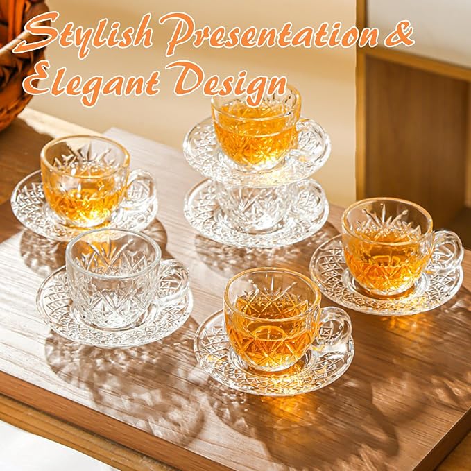 Atarvana 6 Pack Glass Tea Cups and Saucers Set with Spoons, Glazeal Stackable 5.41oz/160ml Heat-Resistant Espresso Cups, Transparent Tea Glass for Cappuccino, Latte, Cafe and Home Kitchen Use