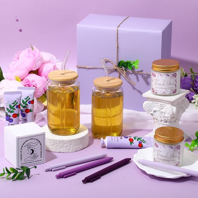 Reallnaive 6 Sets Baby Shower Prizes for Game Winners, Baby Shower Favors Including Glass Cup Scented Candles Hand Cream Pens Gift Box with Raffia for Gender Reveal Wedding Bridal Party Prizes(Purple)