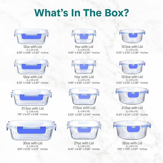 SereneLife 24 Piece Glass Storage Containers with Lids, 12 Pack Glass Meal Prep Container Set for Lunch, Kitchen Storage, Food Storage, Leak Proof, Freezer Safe and Dishwasher Safe, Blue