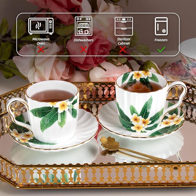 KAMMAK Tea Cups and Saucers Set of 2, Porcelain Coffee Cups, Stackable Espresso Mugs, Ceramic Demitasse for Coffee, Cappuccino, Latte, Americano, Tea, Green Leaf Frangipani