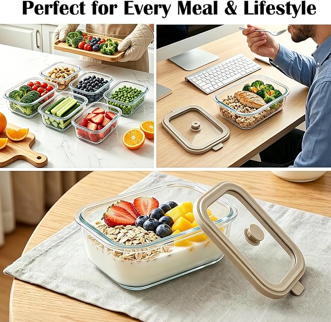 21 oz Glass Meal Prep Containers with Glass Lids, 6 Pack Plastic Free Glass Food Storage Containers, Airtight Glass Lunch Containers For Leftovers, Microwave, Oven, Freezer