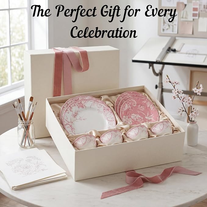 222 Fifth Adelaide Blush 12-Piece Pink Porcelain Dinnerware Set – Service for 4, Big Dinner Plates and Bowls Sets, White with Pink Floral Pattern, for Daily Entertainment, Microwave & Dishwasher Safe