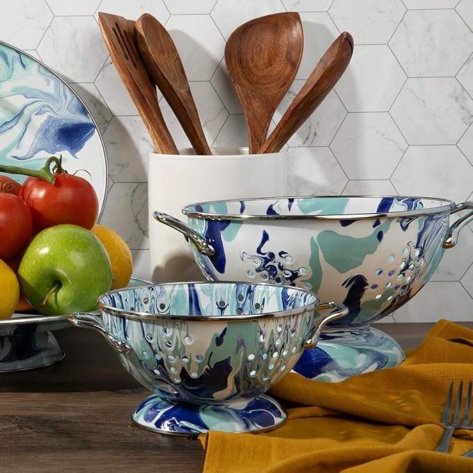 Golden Rabbit Enamelware Large Colander, 5 quart, Lagoon