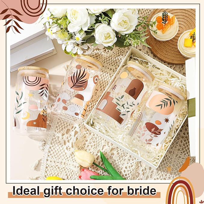 Mumufy 4 Pack Wildflower Glass Cups Gift Aesthetic Cute Glass Cup Tumbler Flower Iced Coffee Mugs 16 oz with Bamboo Lid & Straw, for Wedding Birthday Bridesmaid Mom Baby Shower
