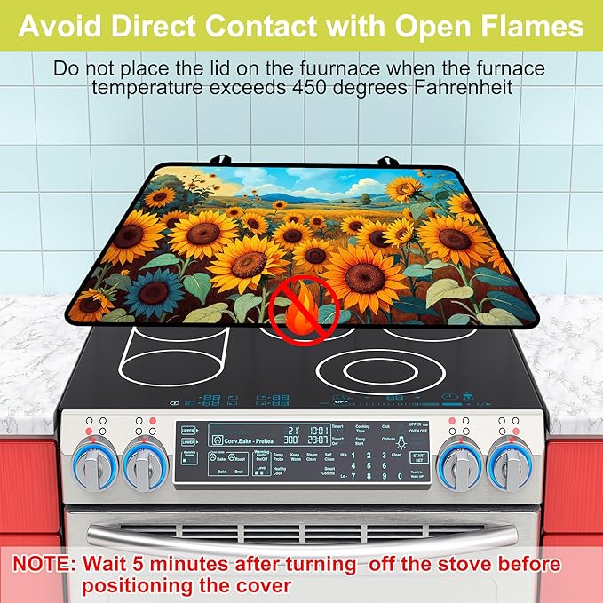 Glass stove top cover 28"x 20", Stove Top Covers for Electric Stove, Flat Range Mat for Glass Cooktop, Kitchen Heat-Resistant Protector Non-Slip Drying Mat (Sunflower)