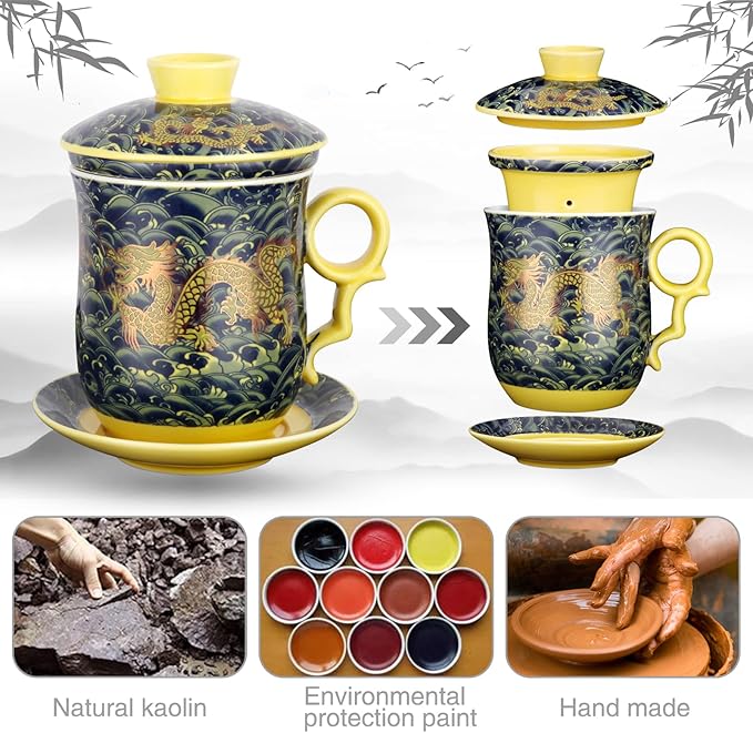 Chinese Dragon Pattern Tea-Mug with Strainer Infuser and Lid and Saucer Ceramic Tea Mug Convenient System Chinese Porcelain Personal Tea Cup 13.5oz(400ml) - DARK GREEN TC400