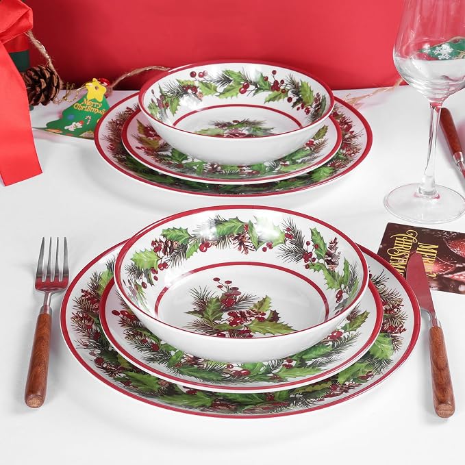 12-Piece Christmas Melamine Dinnerware Set,Holiday Dishes Set，White & Green | Lightweight & Stackable for Home&Party plates,Plate and Bowl Sets Ideal for for Indoor Outdoor Use -Christmas Garland