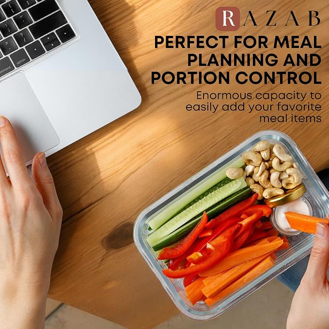 Razab 30 PC Glass Food Storage Containers with Lids - Reusable Glass Meal Prep Containers for Lunch and Leftovers - Airtight & Leakproof Snap Locking Lids - Oven, Freezer, Microwave & Dishwasher Safe