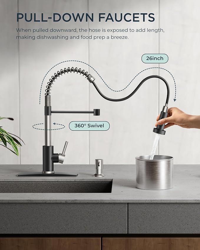 FORIOUS Kitchen Faucet with Pull Down Sprayer, Stainless Steel Commercial Single Handle Classic Spring Pull Out Sink Faucet for Pot Filler, Farmhouse Camper Bar Laundry Room, Black Brushed