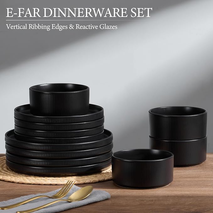 E-far Stoneware Dinnerware Sets for 6, 18-Piece Plates and Bowls Sets, Chip & Scratch Resistant Ribbed Dish Set for Home Restaurant, Microwave & Dishwasher Safe, Matte Black