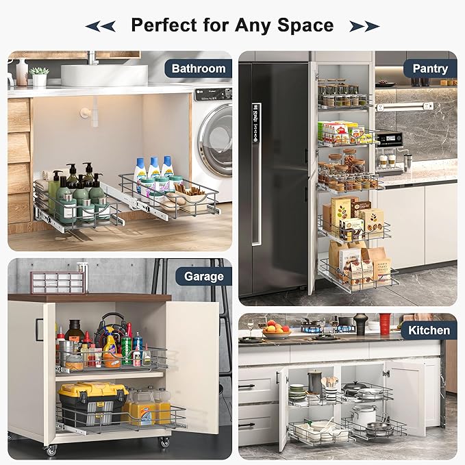 Pull Out Shelves - 17" W x 22" D Soft Close Pull Out Cabinet Organizer 1 Tier - Sliding Shelves with Shelf Liner - Heavy Duty Steel Wire Drawers for Kitchen Cabinets, Pantry, Bathroom