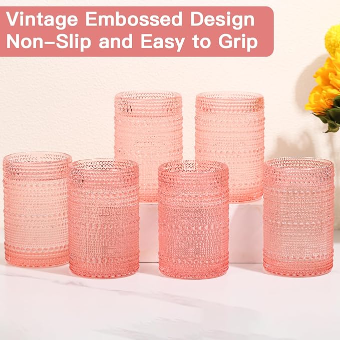 JOVGANK Pink Vintage Hobnail Drinking Glasses Set of 6, Water Tumbler 15oz, Kitchen & Bar Beaded Highball Glasses, Beverage Glass Cups for Water, Beer, Juice, Housewarming Gift