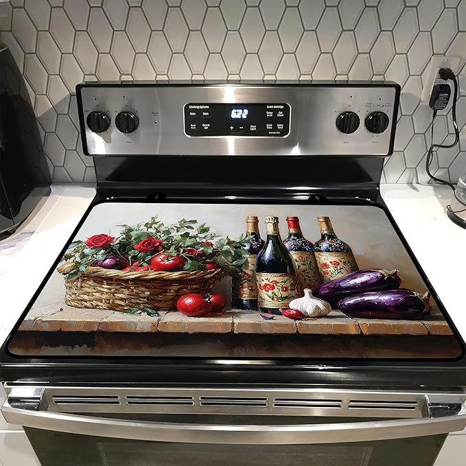 Glass Stove top Cover 28"x 20", Stove Top Covers for Electric Stove, Flat Range Mat for Glass Cooktop, Kitchen Heat-Resistant Protector Non-Slip Drying Mat (Foods and Wine Bottles)