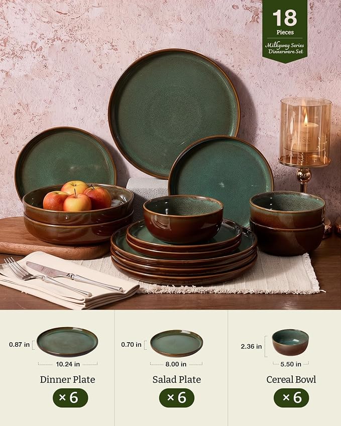 Famiware Milkyway Stoneware Dinnerware Set, 18-Piece, Double Reactive Glaze, Plates and Bowls, Service for 6, Microwave and Dishwasher Safe, Scratch-Resistant, Moss Green & Cocoa