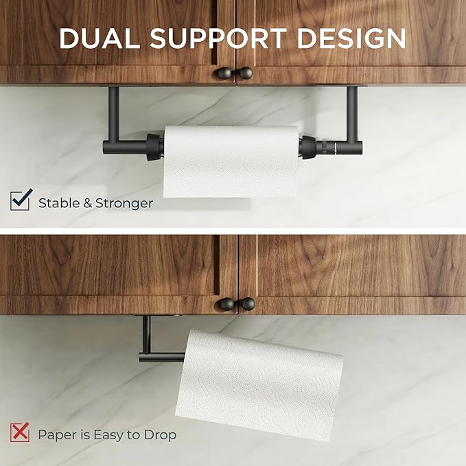 FORIOUS Paper Towel Holder Under Cabinet, Single Hand Operable with Adjustable Damping for Easy Tear, Adhesive or Drill Wall Mount, 304 Commercial Paper Towel Holder for Kitchen Bathroome, Matte Black