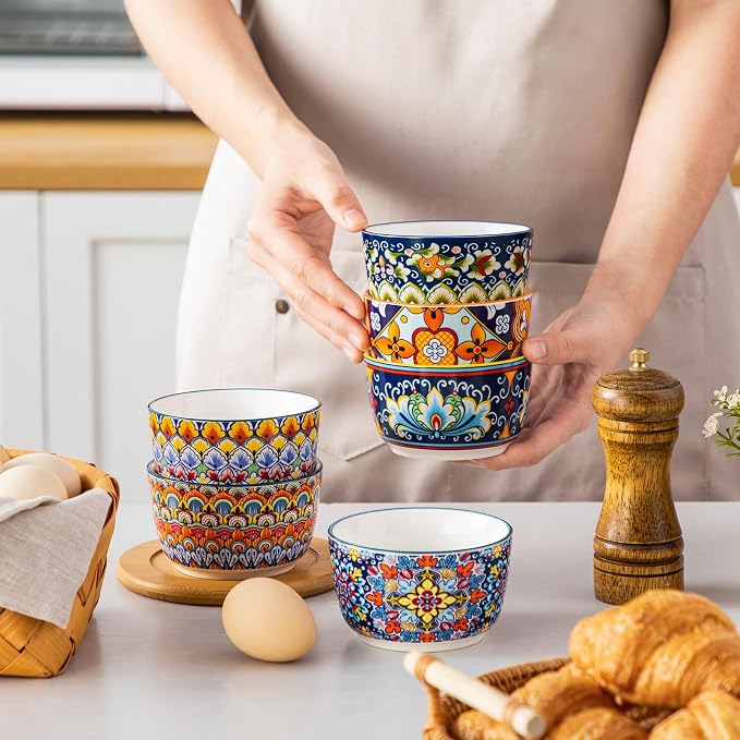vancasso 8 Oz Ramekins Oven Safe Set of 6, Bohemian Creme Brulee Ramekins, Colorful Souffle Dishes, Pudding Custard Cups for Baking, Small Ceramic Bowls for Snacks, Ice Cream