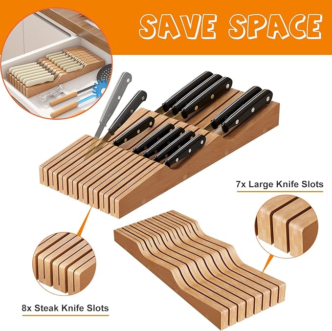 In-Drawer Knife Block Organizer - Bamboo Wood Drawer Knife Organizer-Protecting Knife Organizer Block (Not Included) (Natural, 15 Knives Dock)