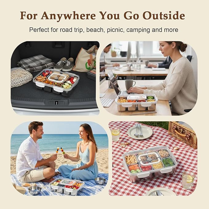 Snackle Box Container with Ice Pack Stainless Steel,Portable Snack Boxes with Lid and Insulated Bag,8 Compartment Snackle Storage Divided Serving Tray Beach Road Trip Picnic for Fruit Charcuterie