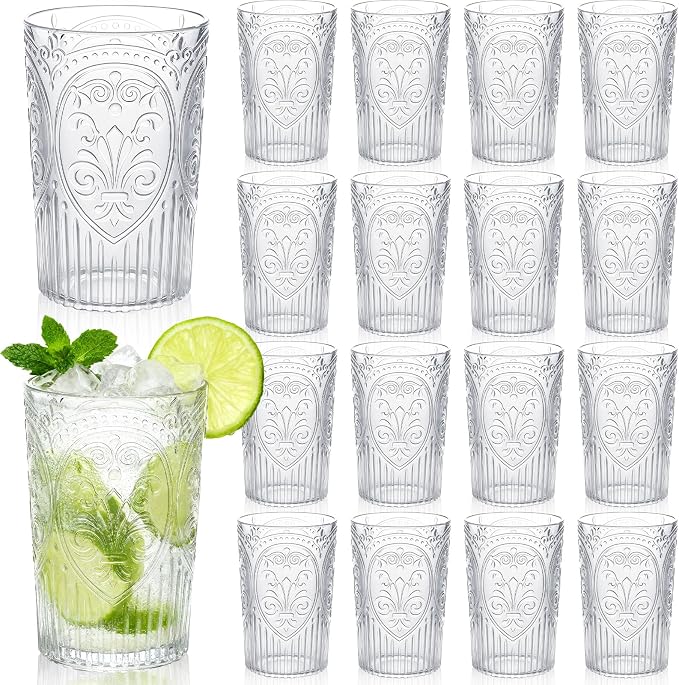 24 Pcs 16 oz Plastic Vintage Drinking Glasses Stemless Ribbed Highball Glasses Bulk Embossed Reusable Cup for Water Beer Cocktails Juice Wedding Bridal Shower Birthday Event Party (Clear)