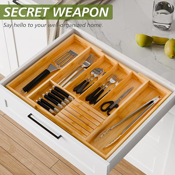 Bamboo Kitchen Silverware Drawer Organizer - Expandable Wood Utensil Holder with Dividers, Luxury Cutlery Storage Tray for Kitchen Utensil and Flatware (5-7 Slots with Removable Knife Block, Natural)