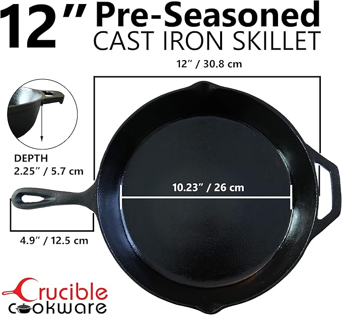 Crucible Cookware 12-Inch Cast Iron Skillet Set (Pre-Seasoned), Including Large & Assist Silicone Hot Handle Holders | Indoor & Outdoor Use