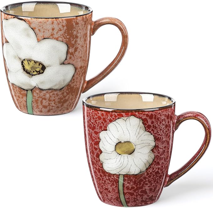 Maxdot 2 Pcs 12oz Ceramic Coffee Mugs Sets Glazing Process Cappuccino Mug Floral Ceramic Tea Cups Idea Gift Set for Women Porcelain Cup for Coffee, Cocoa, Tea, Latte (Retro) (Vintage)