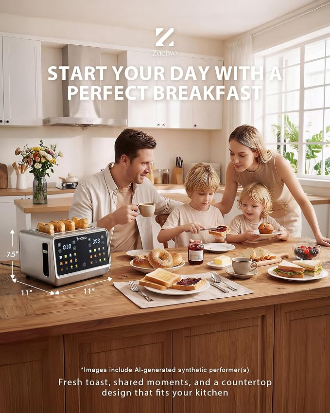 4 Slice Smart Toaster with Touchscreen, 1.5" Extra Wide Slots for Bagels & Thick Bread, Dual Independent Controls, 6 Bread Settings, Defrost, Reheat, Easy Clean, Stainless Steel, for Family Breakfast
