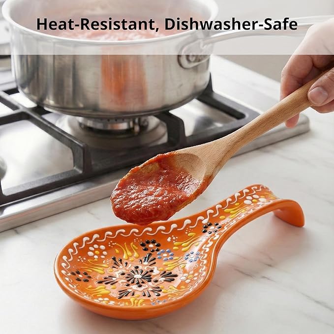 BCS Ceramic Spoon Rest, Large 9” Hand Painted Spoon Holder for Stove Top & Kitchen Counter, Dishwasher Safe & Heat Resistant Utensil Holder, Floral Kitchen Decor, Handmade Pottery