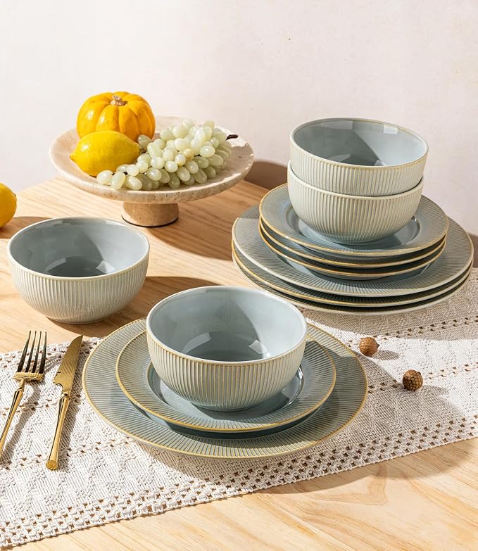 TheTerra Stoneware Dinnerware Sets for 4, 12 Pieces Ceramic Plates and Bowls Sets, Scratch Resistant Embossed Dish Set, Oven, Microwave & Dishwasher Safe, Desert Sage