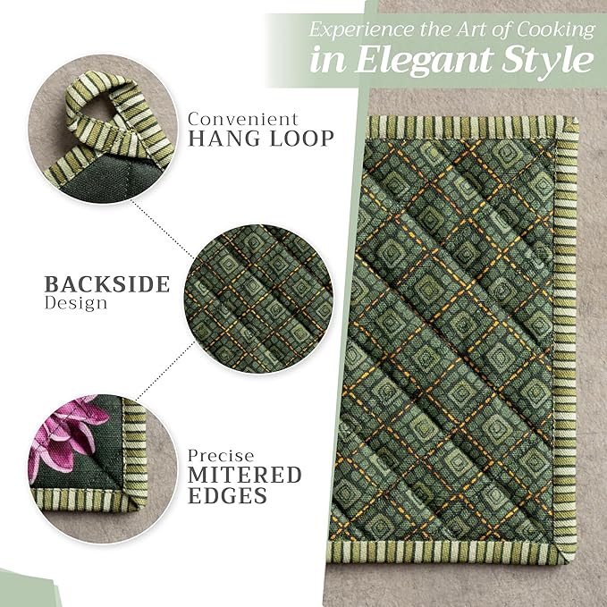 Maison d' Hermine Pot Holders 100% Cotton Heat Resistant Potholders 8" x 8" Hot Pads with Loop for Thanksgiving Christmas Decorations Baking Handling Hot Pans (Pack of 1, Pumpkin Garden - Dark Green)