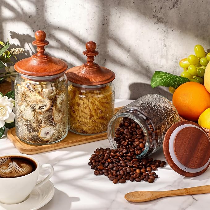 Suclain 6 Pack 17 oz Vintage Glass Jars with Wooden Crown Lids, Decorative Jars with Flower in the Window Pattern, Airtight Glass Food Storage Containers for Tea Coffee Spice Pantry Organization