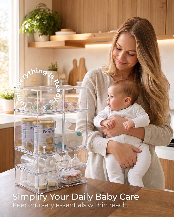 Stackable Storage Drawer Organizers Set of 6 for Bathroom Organizer Storage | Clear Plastic Organizer Bins for Baby Bottle, Kitchen Under Sink, Laundry, Pantry, Beauty, Cabinet, Medicine, Office Supplies
