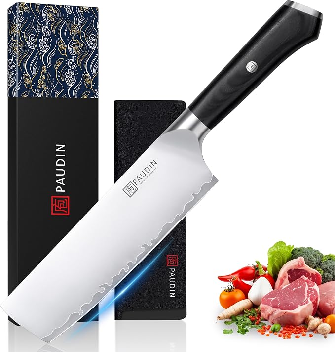 PAUDIN Nakiri Knife 7 Inch,Damascus High Carbon Steel Kitchen Knife 62 HRC, Ultra Sharp Vegetable Chopping Cleaver and Meat Slicing Asian Chef Knife for Home Cooks, Gift Box Included for Women and Men