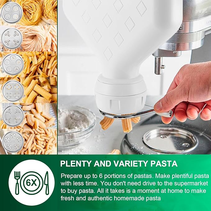 6-Piece Pasta Attachment for Kitchenaid Stand Mixer, Home made Pasta Press Attachment with 2 Feed Port